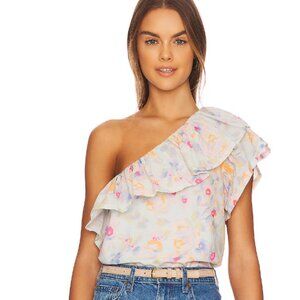 Something Navy | One Shoulder Soft Floral Ruffle Top | XS